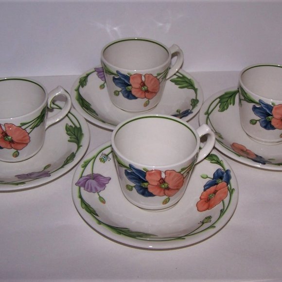 4 Villeroy & Boch Amapola Flat Cups & Saucers Discontinued 2001 Raised Relief - Picture 1 of 12